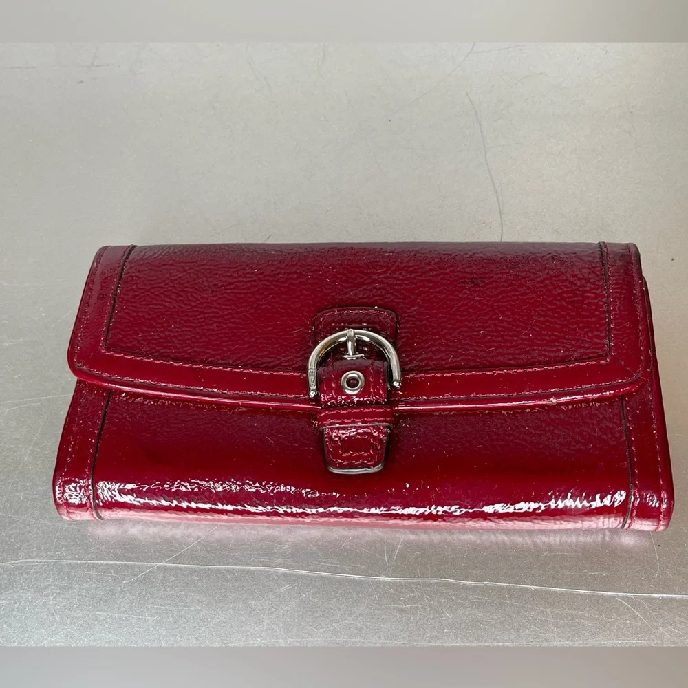Coach Deep Red Patent Leather Soho Buckle Wallet Long Multi Card Holder